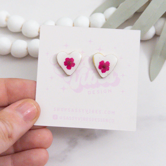 Pressed Flower Heart Clay Stud Earrings