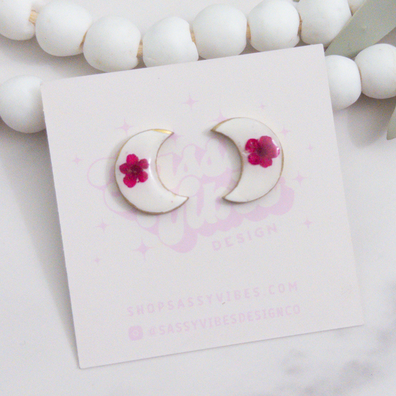 Pressed Flower Moon Clay Stud Earrings