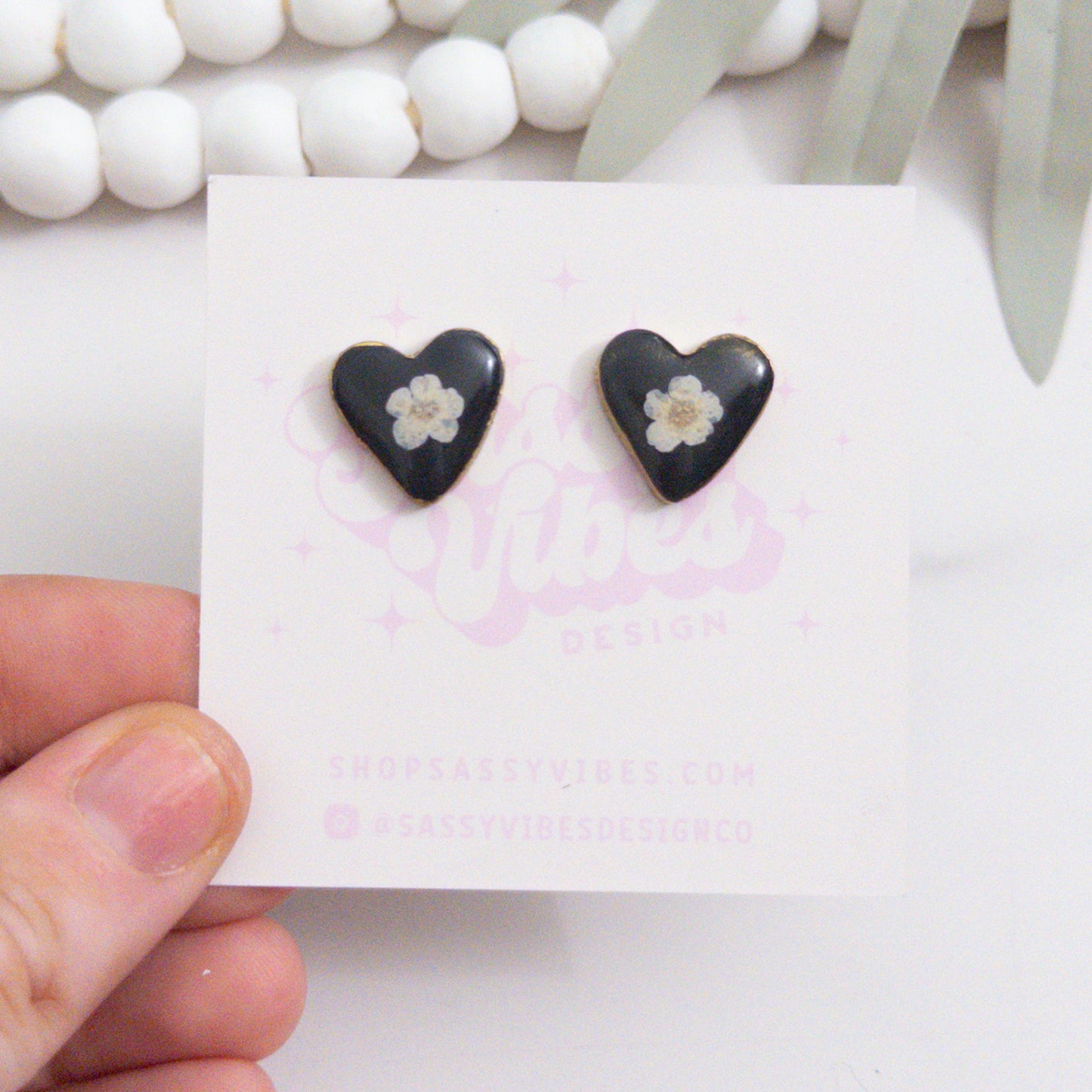 Dark Pressed Flower Heart Clay Stud Earrings