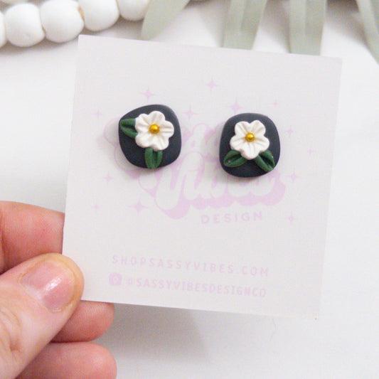 Black & White Floral Clay Stud Earrings