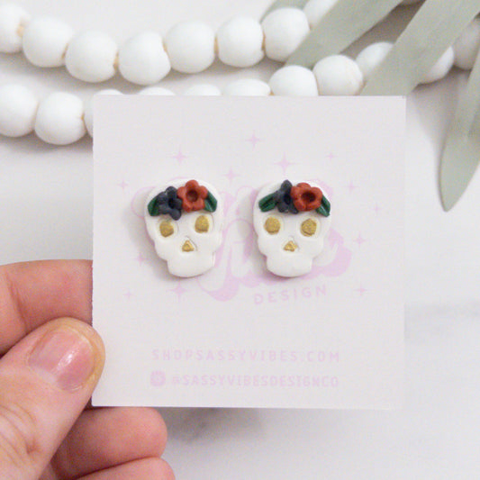 Floral Sugar Skull Clay Stud Earrings Dark