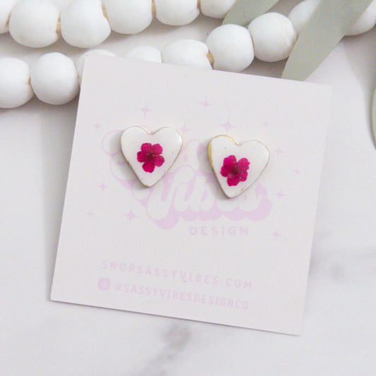 Pressed Flower Heart Clay Stud Earrings