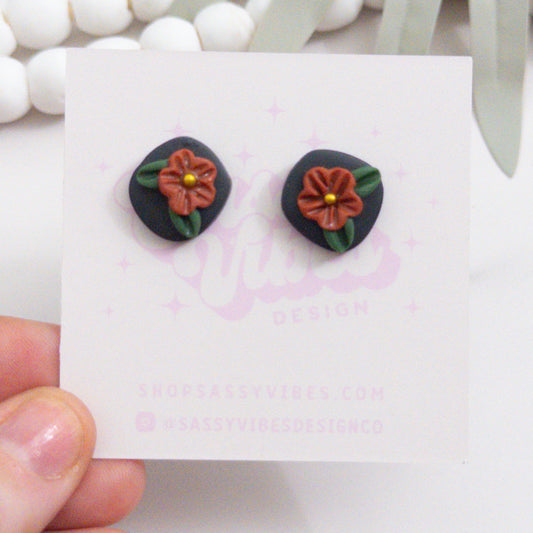 Black & Red Floral Clay Stud Earrings