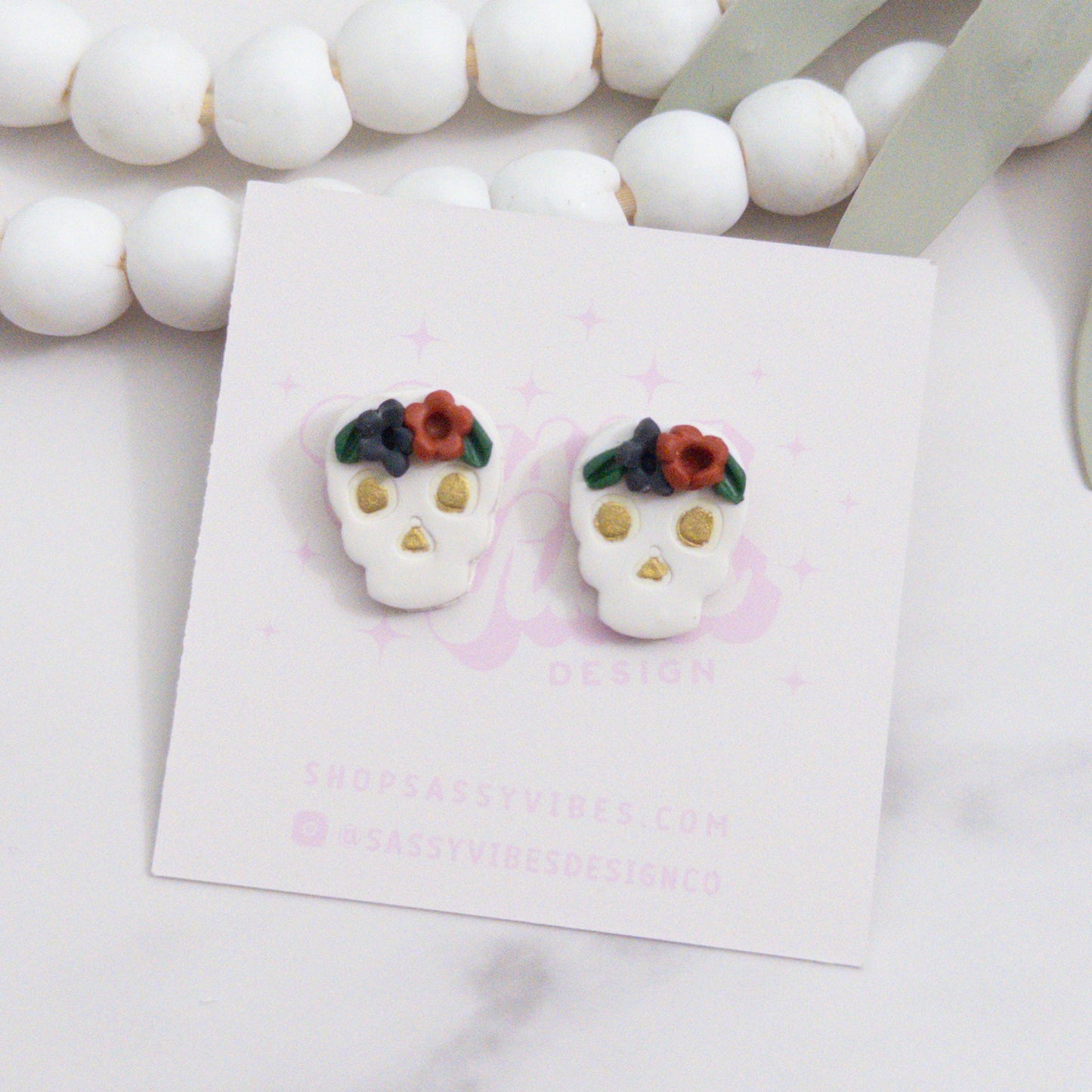 Floral Sugar Skull Clay Stud Earrings Dark