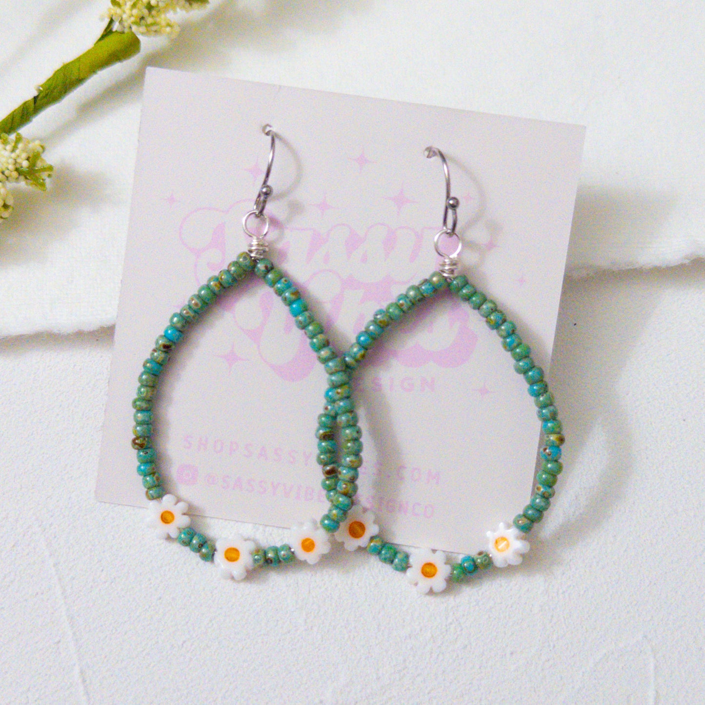 Turquoise Seed Bead Daisy Hoop Earrings