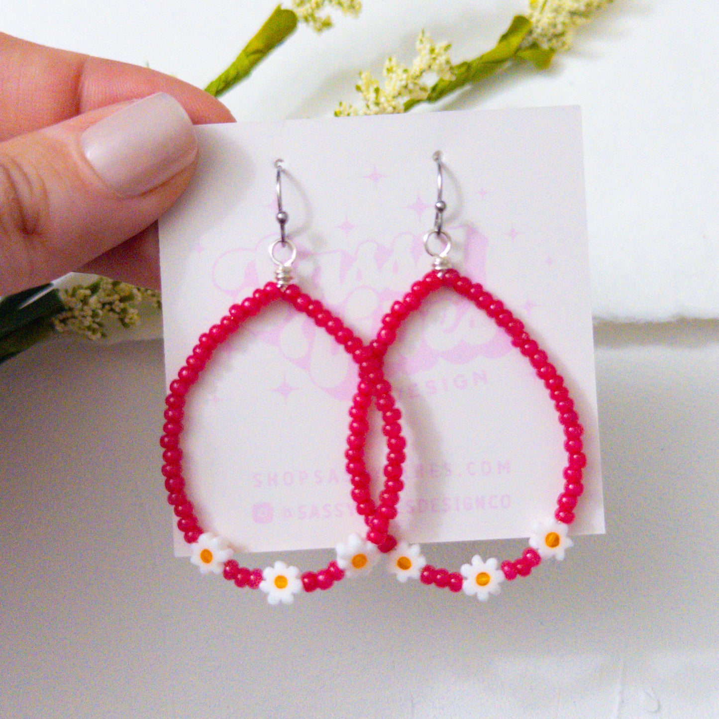 Hot Pink Seed Bead Daisy Hoop Earrings