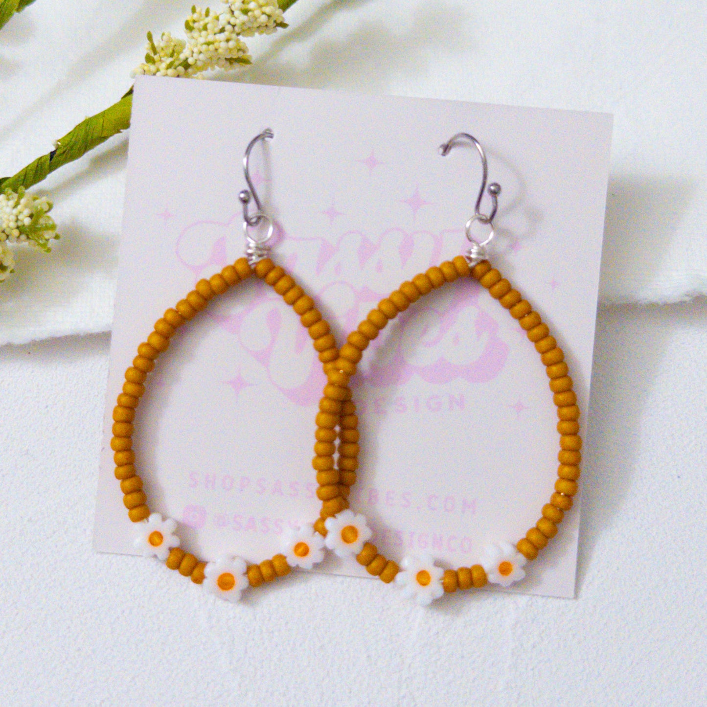 Mustard Seed Bead Daisy Hoop Earrings