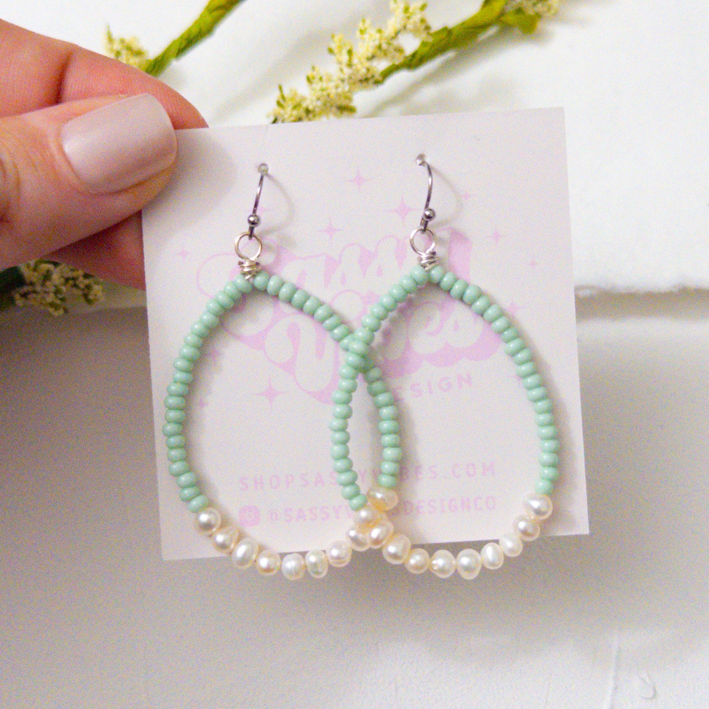 Sage Seed Bead Pearl Hoop Earrings