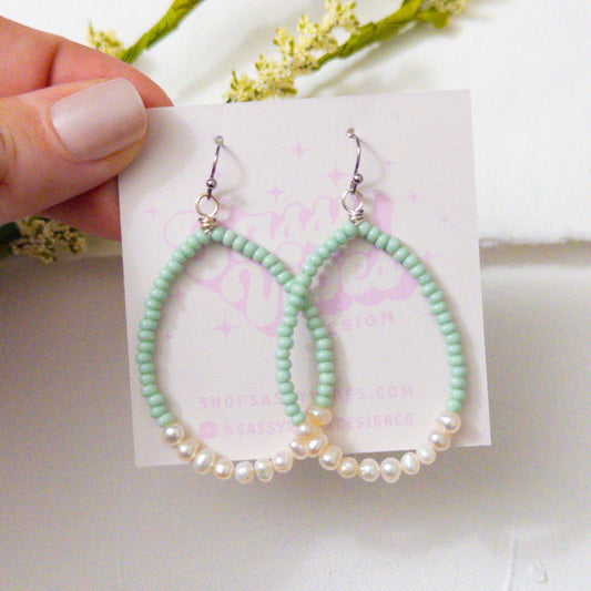 Sage Seed Bead Pearl Hoop Earrings