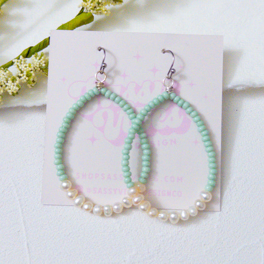 Sage Seed Bead Pearl Hoop Earrings