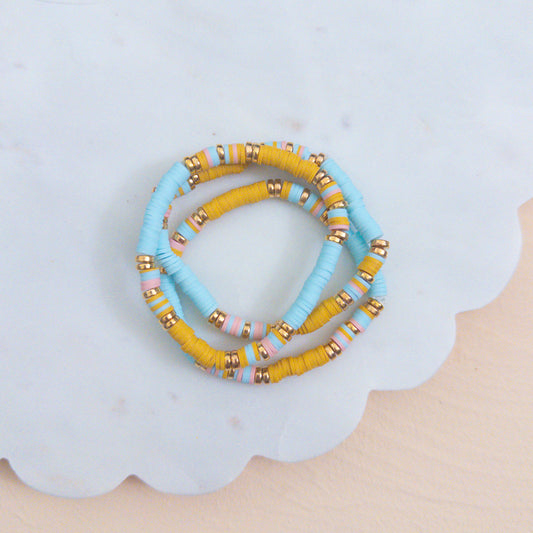 Aqua Mustard Heishi Beaded Bracelet Stack