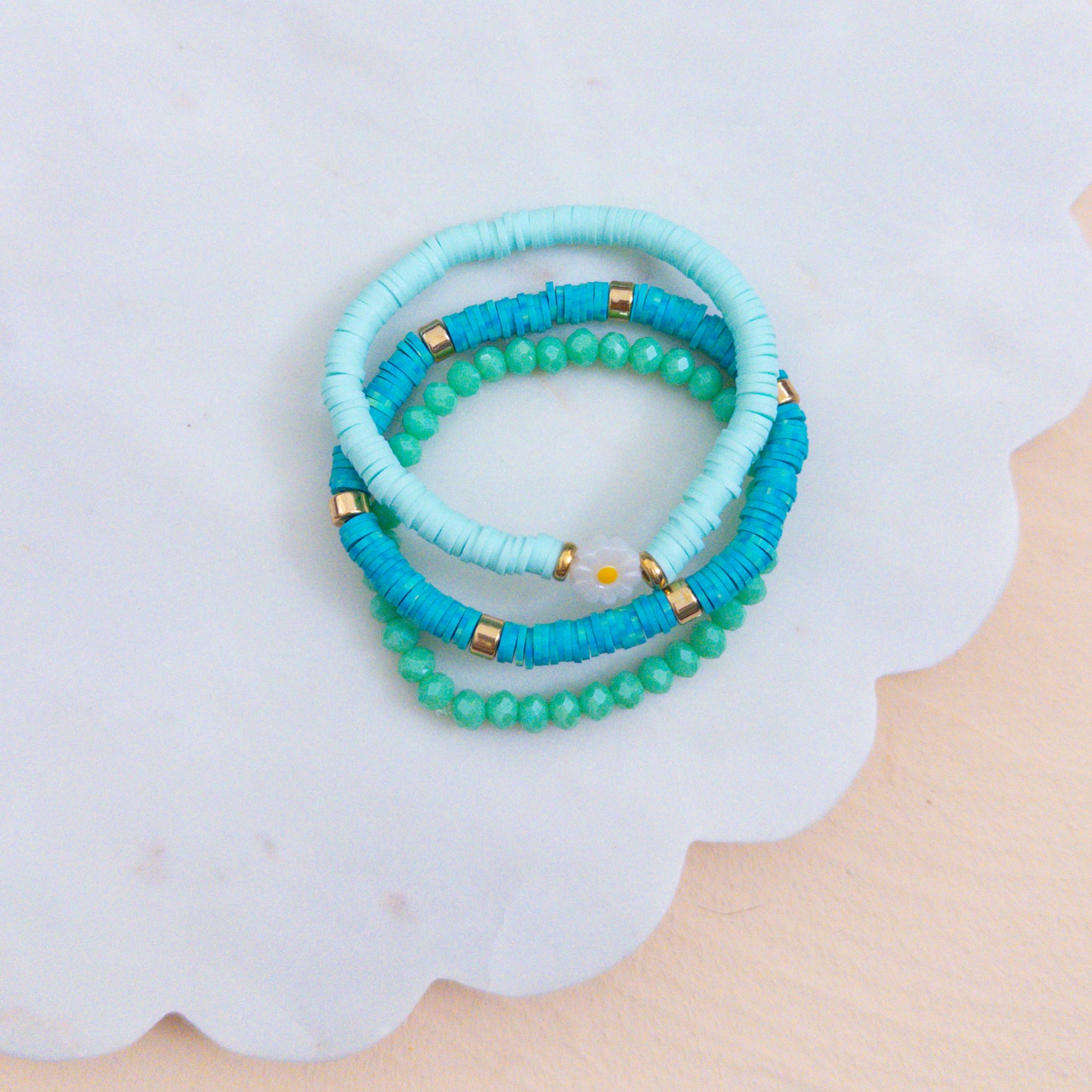 Aqua Daisy Beaded Bracelet Stack