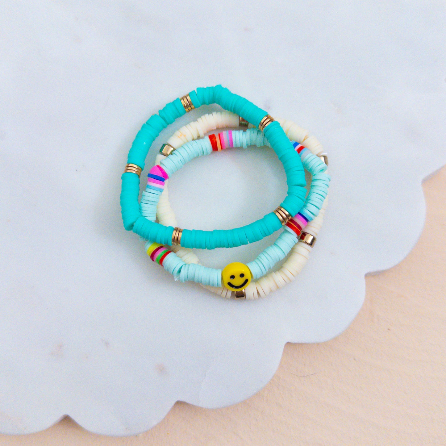 Aqua Smiley Beaded Bracelet Stack