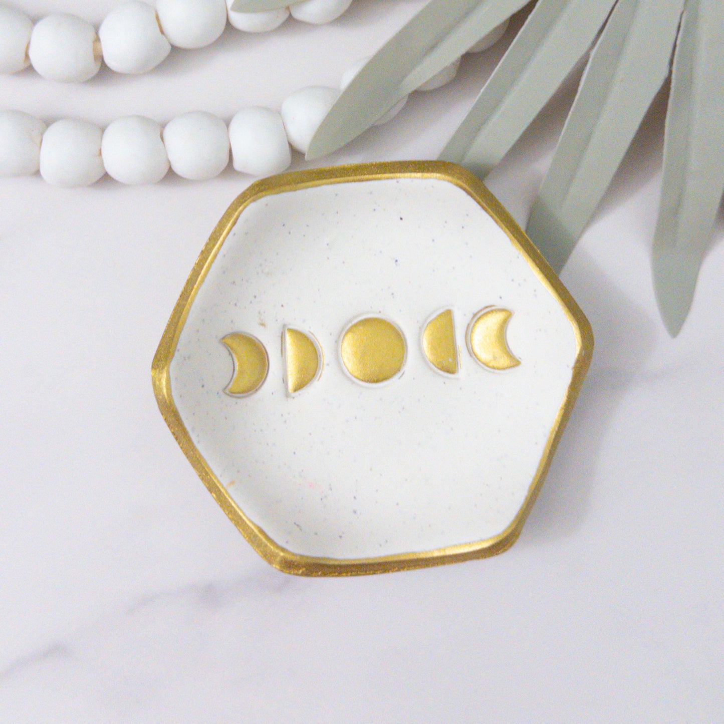 Gold Moon Phase White Speckled Clay Ring Bowl