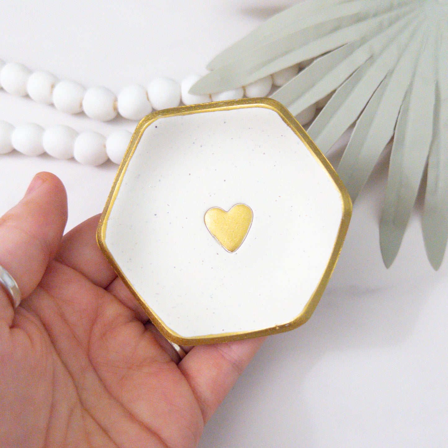 Gold Heart White Speckled Clay Ring Bowl