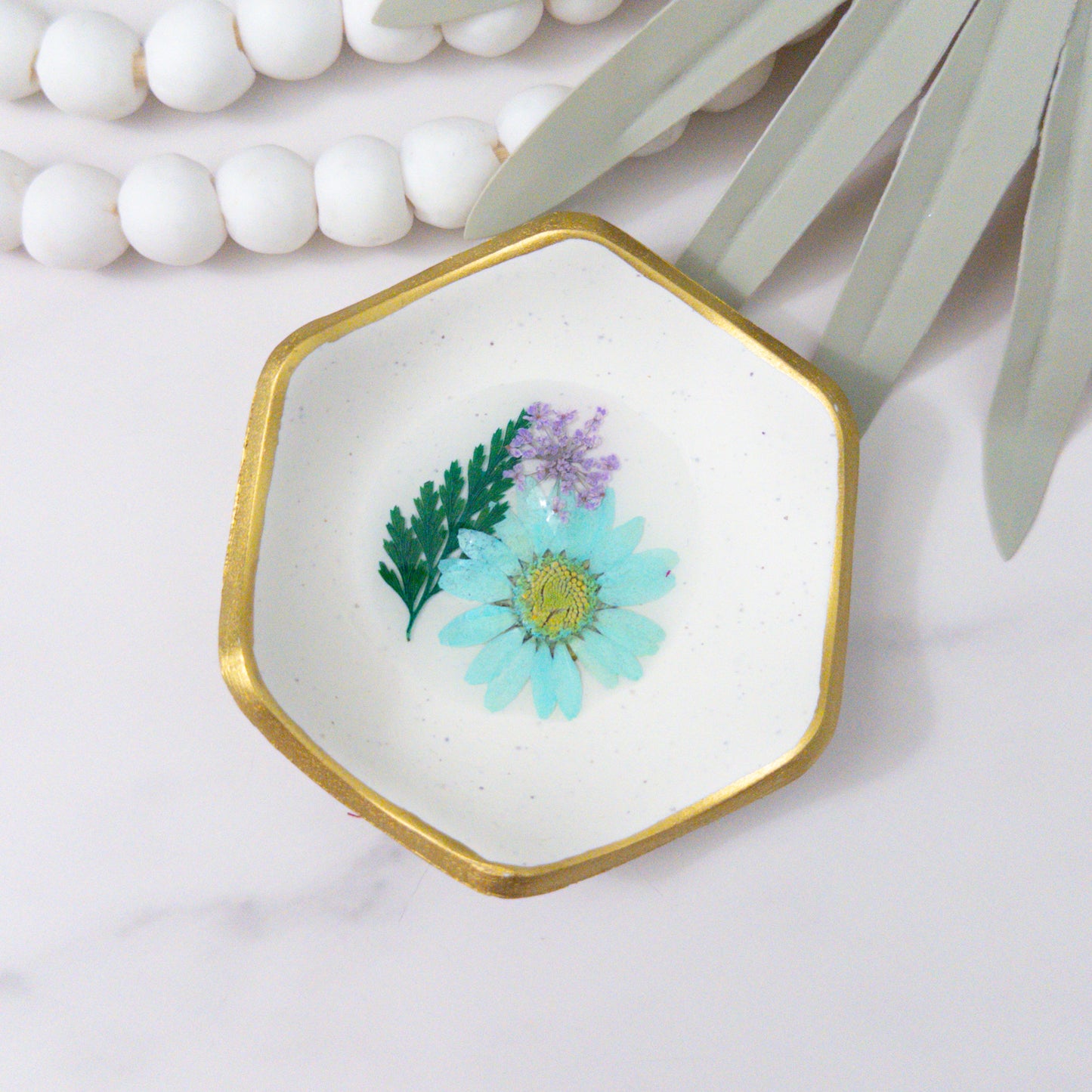 Blue Pressed Flower White Speckled Clay Ring Bowl