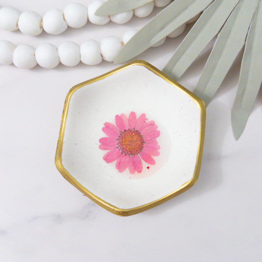 Pink Pressed Flower White Speckled Clay Ring Bowl