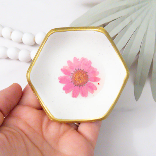 Pink Pressed Flower White Speckled Clay Ring Bowl