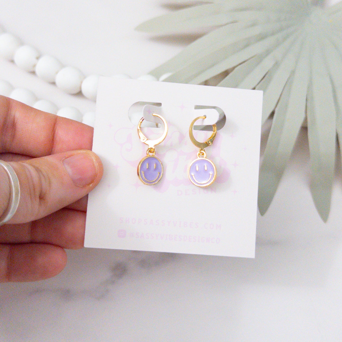 Lavender Gold Smiley Huggie Earrings