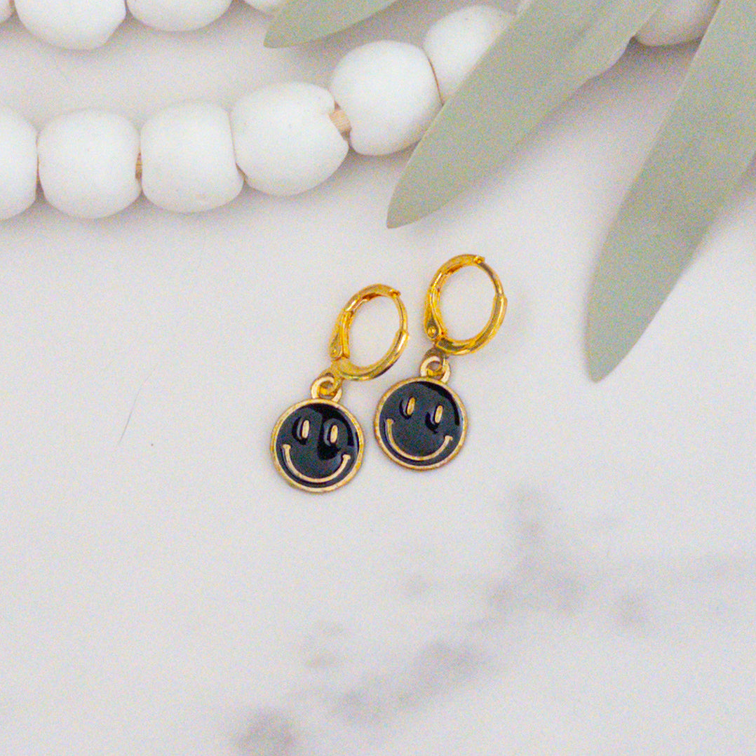 Black Gold Smiley Huggie Earrings