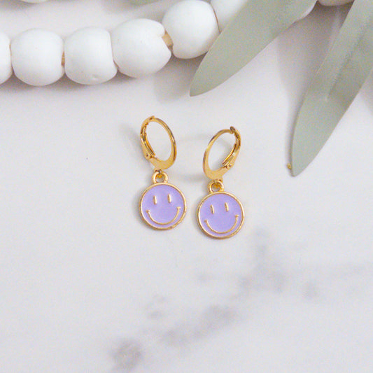 Lavender Gold Smiley Huggie Earrings