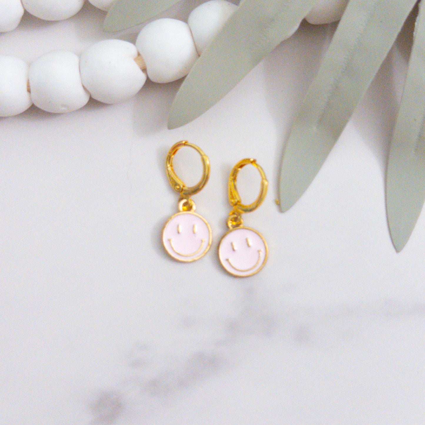 Blush Pink Gold Smiley Huggie Earrings