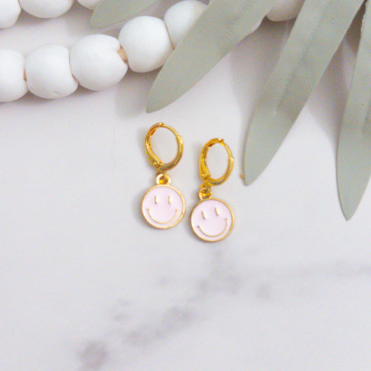 Blush Pink Gold Smiley Huggie Earrings