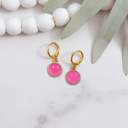 Hot Pink Gold Smiley Huggie Earrings