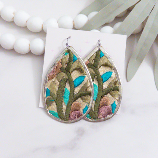 Olive Embroidered Teardrop Statement Earrings