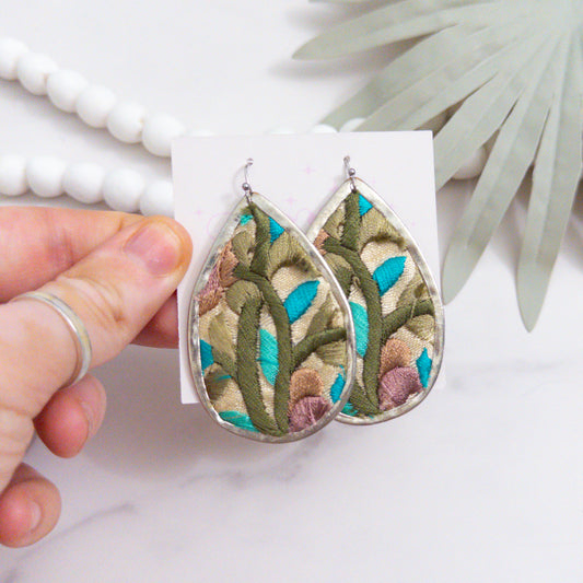 Olive Embroidered Teardrop Statement Earrings