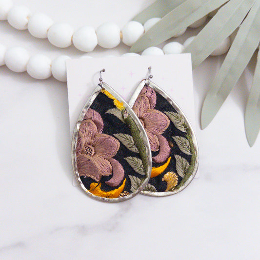 Mauve Embroidered Teardrop Statement Earrings