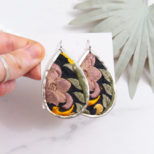 Mauve Embroidered Teardrop Statement Earrings