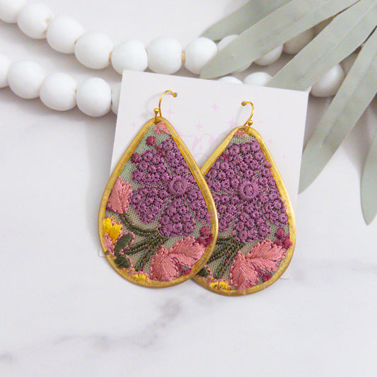 Sage Embroidered Teardrop Statement Earrings