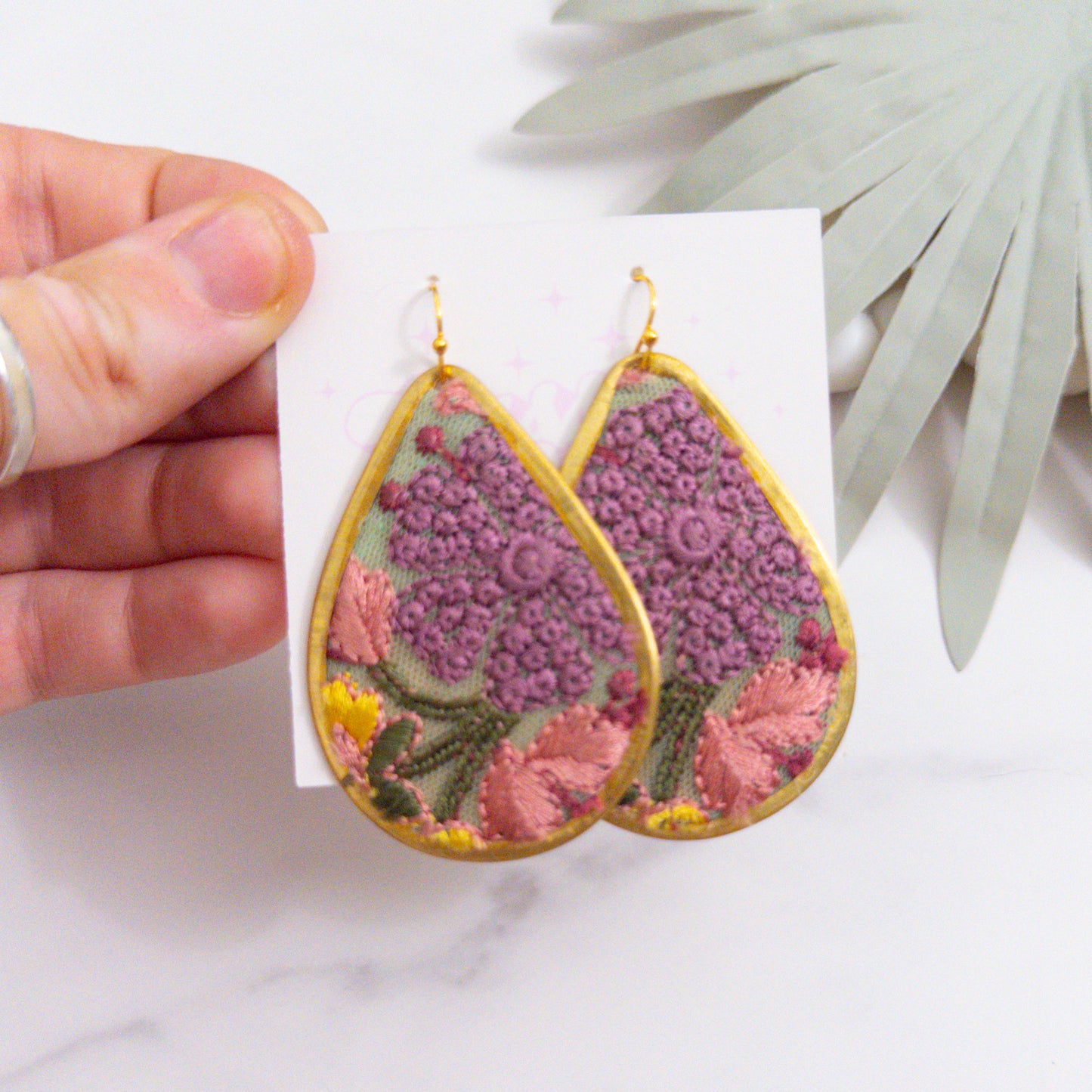 Sage Embroidered Teardrop Statement Earrings