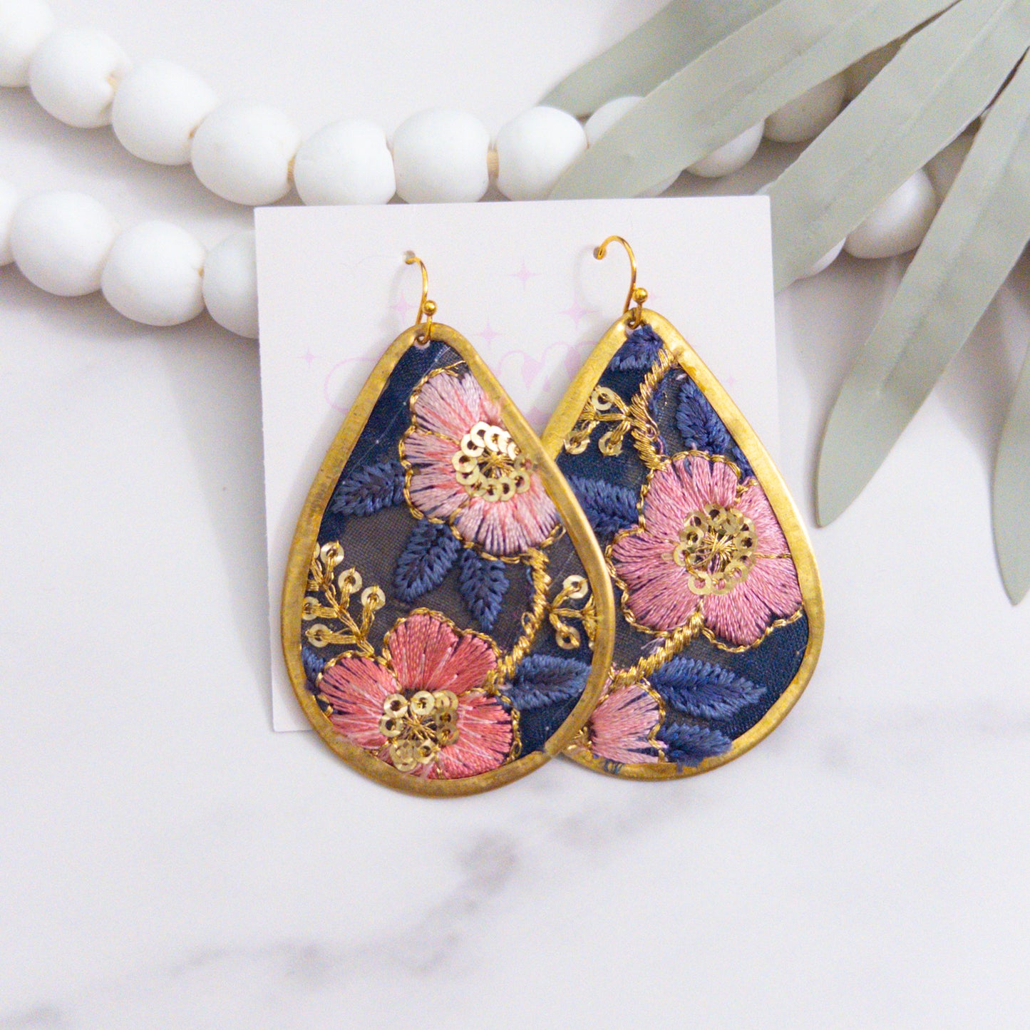 Rose Embroidered Teardrop Statement Earrings