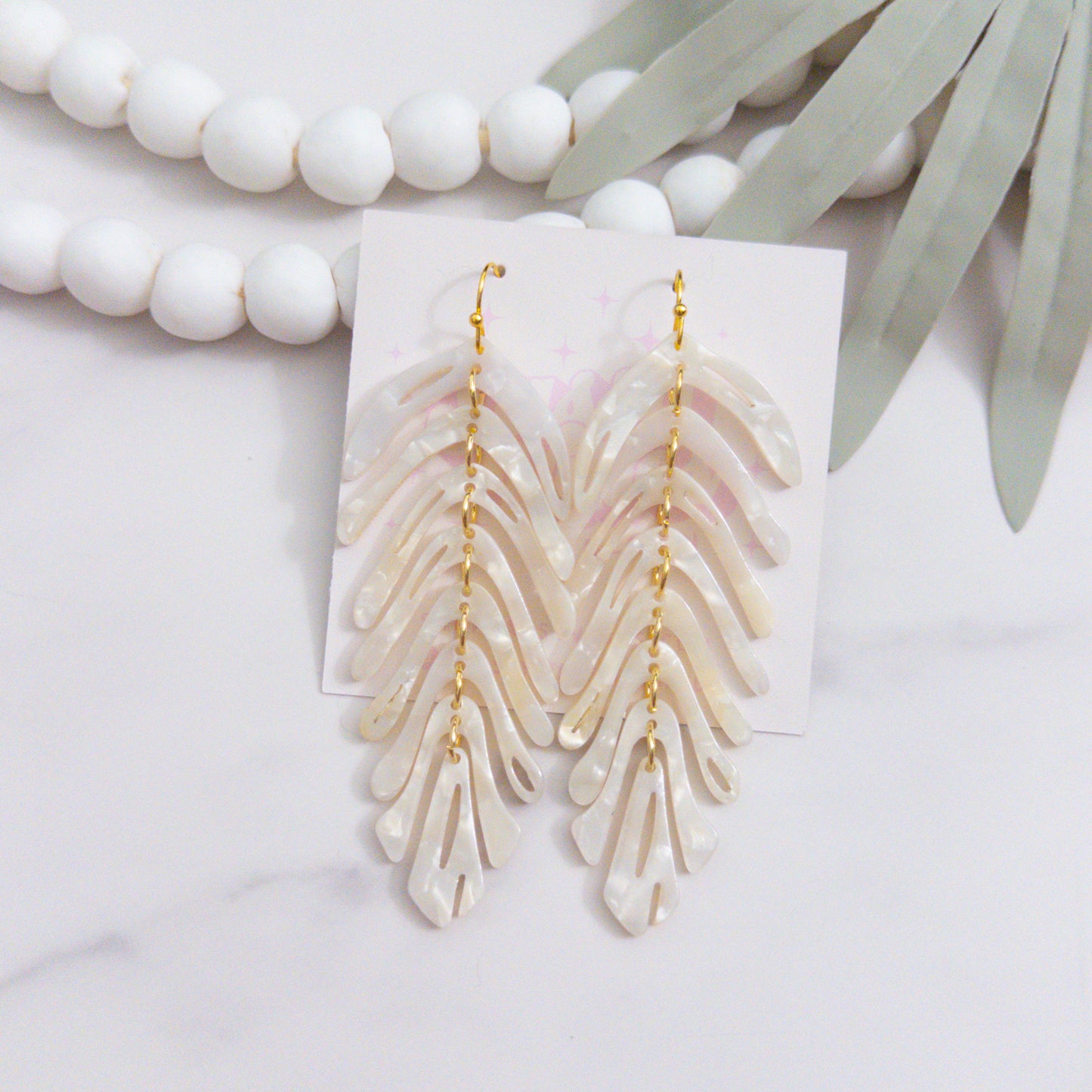 Resin Leaf Dangle Statement Earrings White