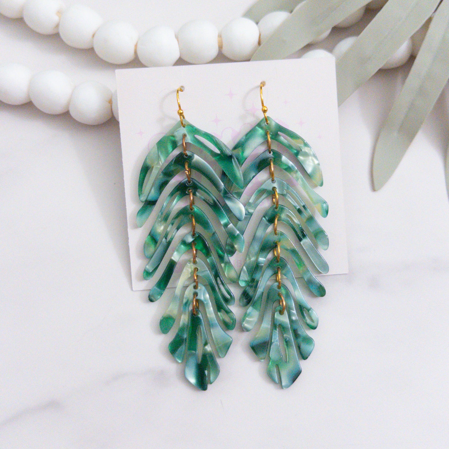 Resin Leaf Dangle Statement Earrings Green