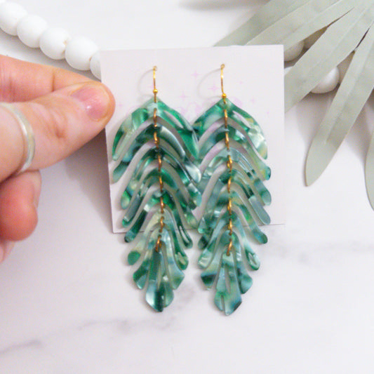 Resin Leaf Dangle Statement Earrings Green