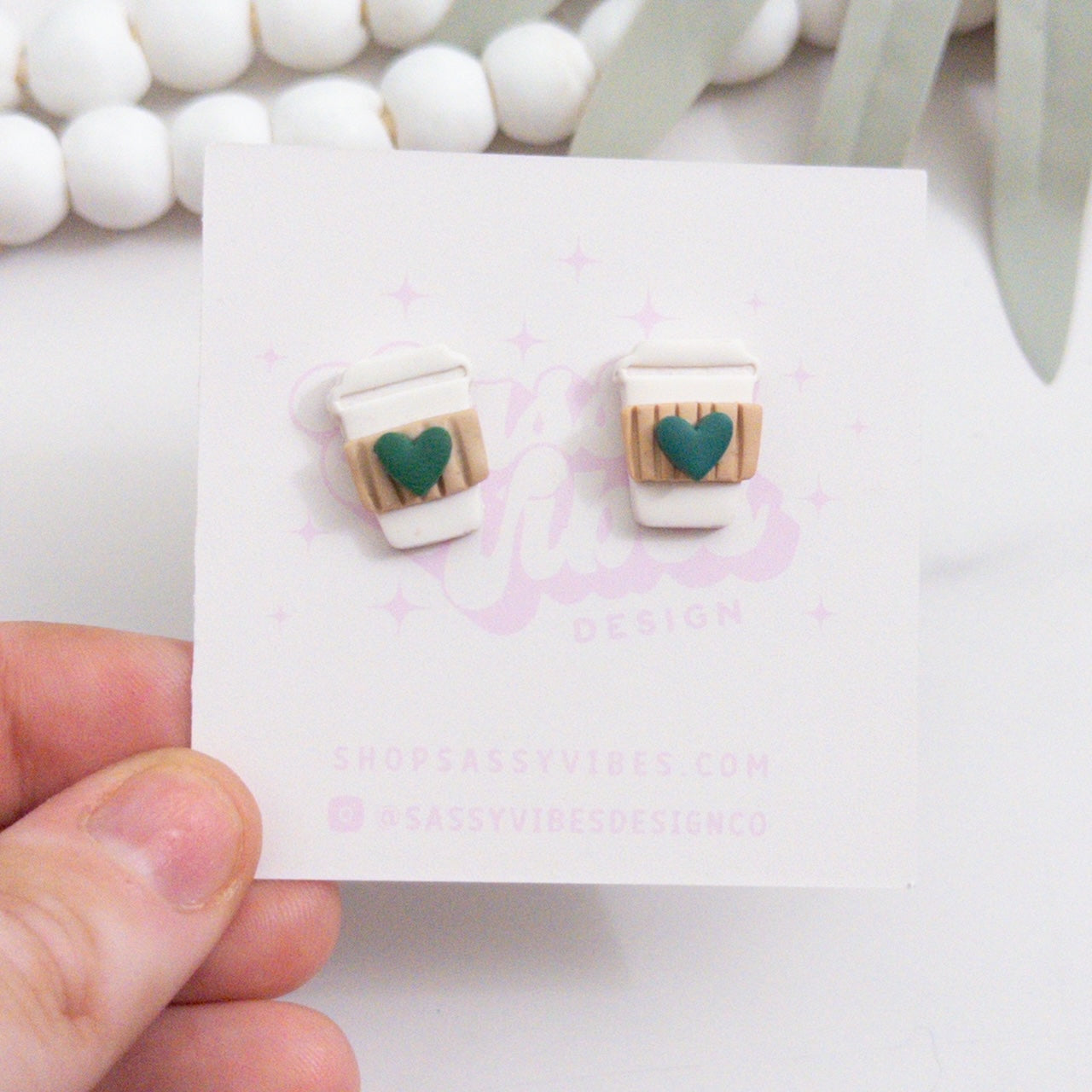 Green Heart Latte Clay Stud Earrings