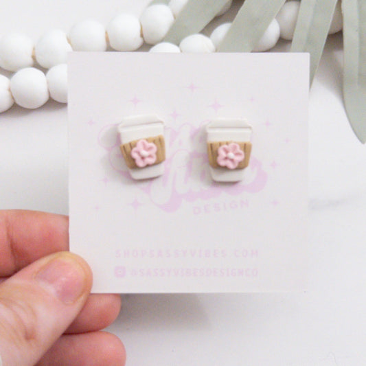 Pink Floral Latte Clay Stud Earrings