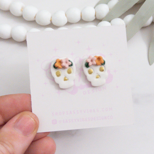 Floral Sugar Skull Clay Stud Earrings Light