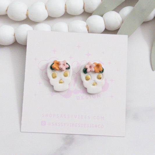 Floral Sugar Skull Clay Stud Earrings Light