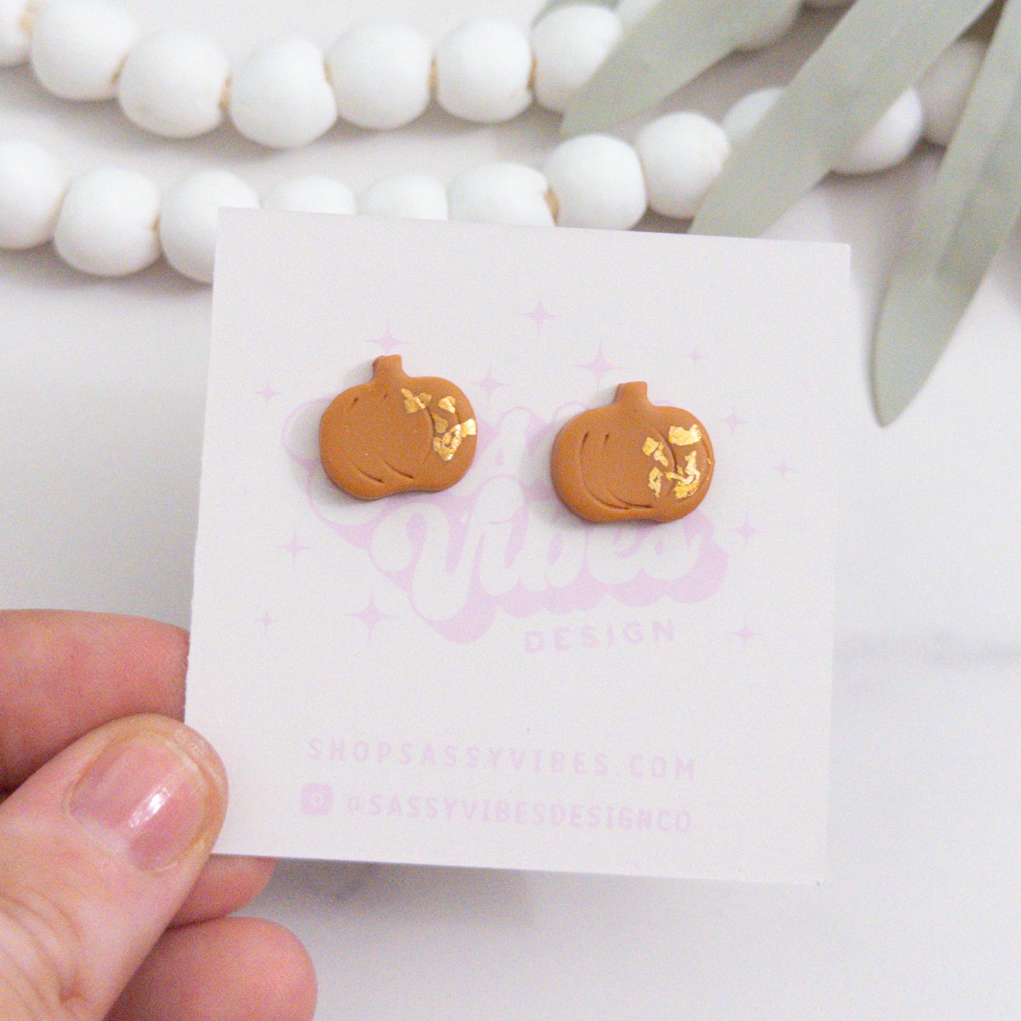 Gold Leaf Pumpkin Clay Stud Earrings