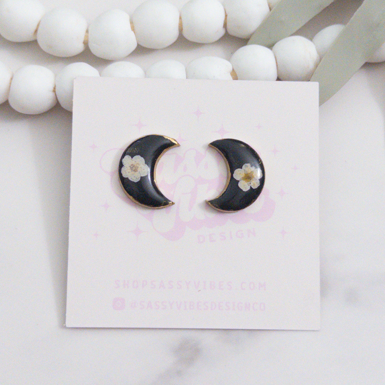 Dark Pressed Flower Moon Clay Stud Earrings