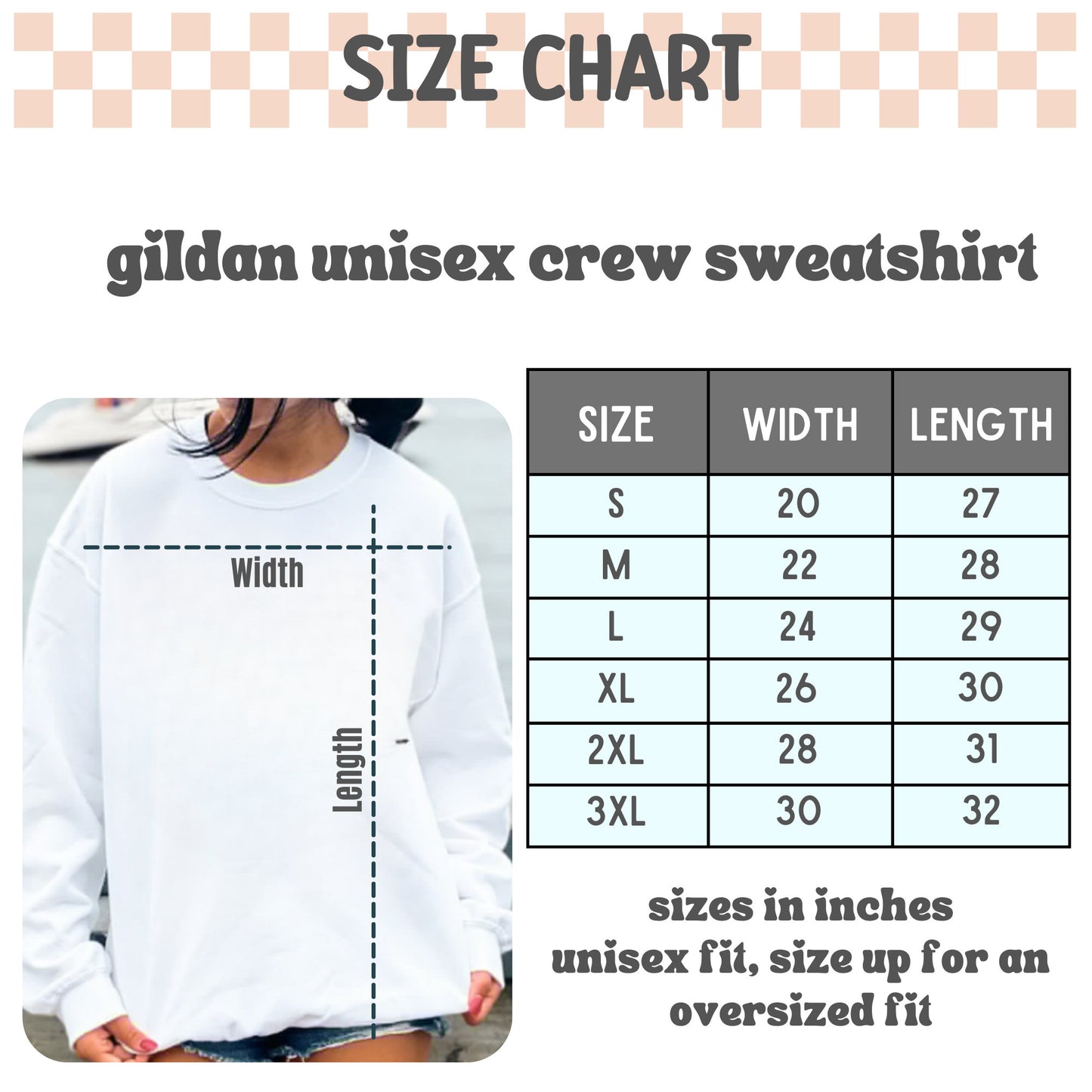 a woman wearing a white crew sweatshirt with measurements