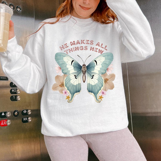 Christian Sweatshirt He Makes All Things New Crewneck Butterfly Sweatshirt Fall Crewneck Christian Crewneck God Sweatshirt