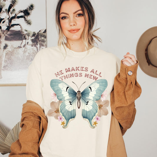 He Makes All Things New Christian Butterfly Shirt | Christian Streetwear Cottage Core Shirt Bible Verse Shirt Faith Based Christian Shirt