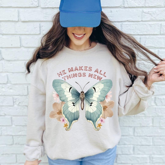 Christian Sweatshirt He Makes All Things New Crewneck Butterfly Sweatshirt Fall Crewneck Christian Crewneck God Sweatshirt