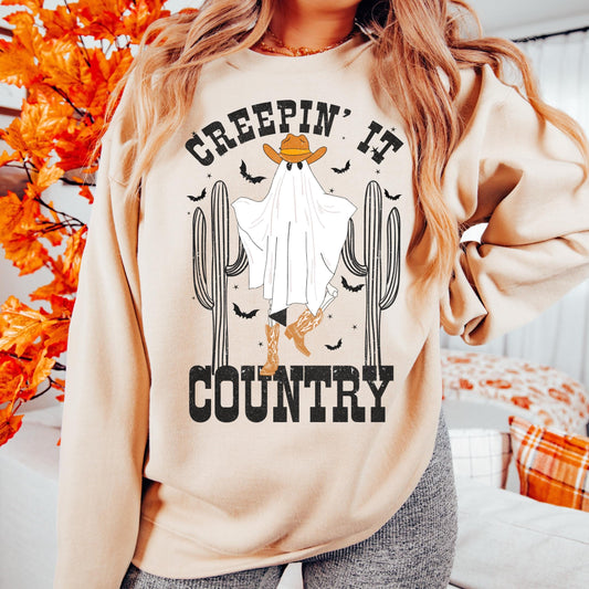 Creepin It Country Sweatshirt | Western Crewneck Sweatshirt Cowboy Sweatshirt Ghost Cowboy Ghost Sweatshirt Halloween Crewneck Fall Crewneck