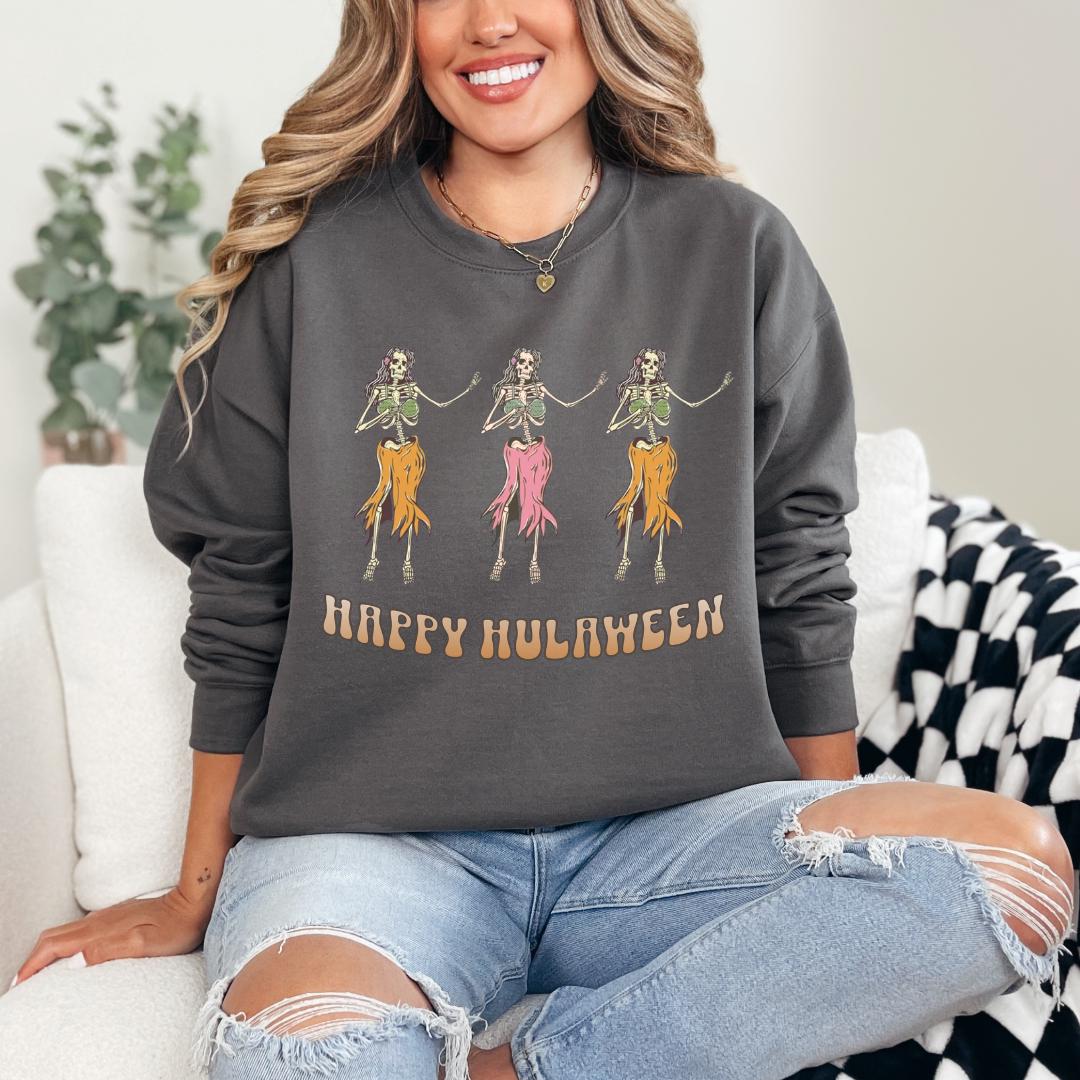 Happy Hulaween Sweatshirt | Hawaiian Crewneck Halloween Sweatshirt Dancing Skeletons Hula Sweatshirt Hawaii Sweatshirt Beach Halloween